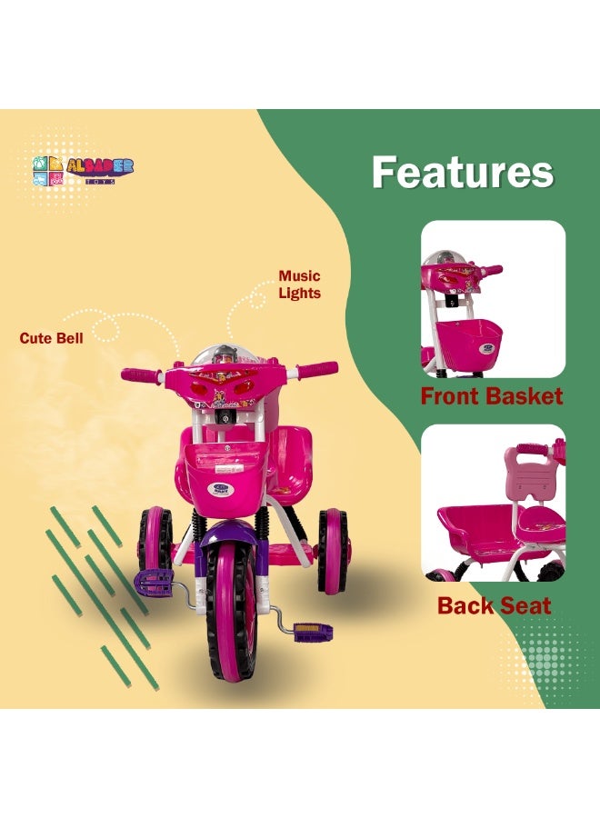 AL BADER Kids Balance Bike Kids Tricycles for 2-6 Years, Three Wheel Tricycle For Toddlers with Two Seats for 2 Children, 3 Wheel Baby Bicycle With Basket, Toddlers Trike With Music and Lights, Pink - Image 3